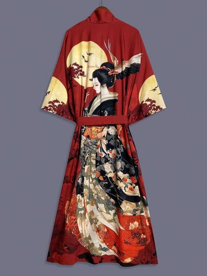 Traditional Japanese Beauty Graphic Print Mid-Length 3/4 Sleeve Satin Kimono Cover Up Thin Jacket, Elegant Street Casual Loose Outerwear For Women, Suitable For Beach, Travel, Vacation, Loungewear, Robe, Party, Bathrobe