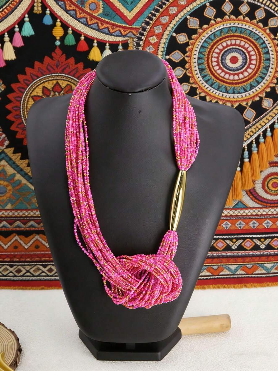 1件 时尚金色管状打结黑色珠子多层项链，波西米亚风格 - 粉色 - 查看 1