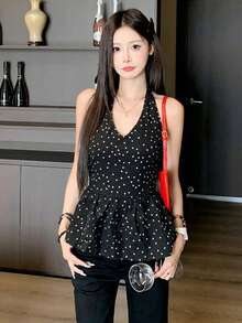 Cute Black Polka Dot Camisole, Summer Design Ruched Fitted Halter Neck Top For Women - Black - View 1