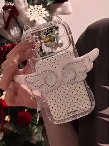 Stereoscopic Cat Ear, Polka Dot, Rhinestone Wing Design 17/16/Pro Max Phone Case, Niche Cute New Style Compatible With IPhone 15 Pro, 14 Pro, 13, Girly Fresh - Black and White - View 3
