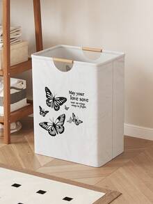 1pc Butterfly Pattern Printed Open-Top Storage Box, Foldable Storage Laundry Basket Bag With Wooden Handle, Home Bathroom Collapsible Dirty Clothes Hamper - Multicolor - View 10