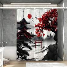 Tranh thủy mặc Nhật Bản, in hình cổng Torii đền thờ cây phong đỏ, chống thấm nước, chống nấm mốc, không cần khoan, rèm phòng tắm phong cách Zen. - Mực - Xem 10