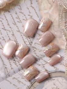 10pcs Press On Nails Short Acrylic Nail Kit Pink Cat Eyes Colorful Grid Fake Nails Short Office DailyWear False Nails Artificial Nails Kit Includes 1sheet Adhesive Tabs &1 Pc Mini File Nail Supplies Handmade Press On Nails - Multicolor - View 2