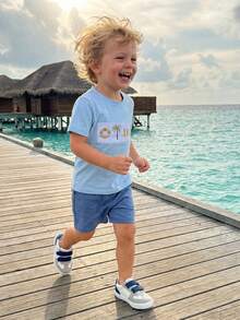 Conjunto de verano para bebé niño pequeño: camiseta de manga corta con bordado de palmera y pantalones cortos 2 piezas. - Azul - Ver 4