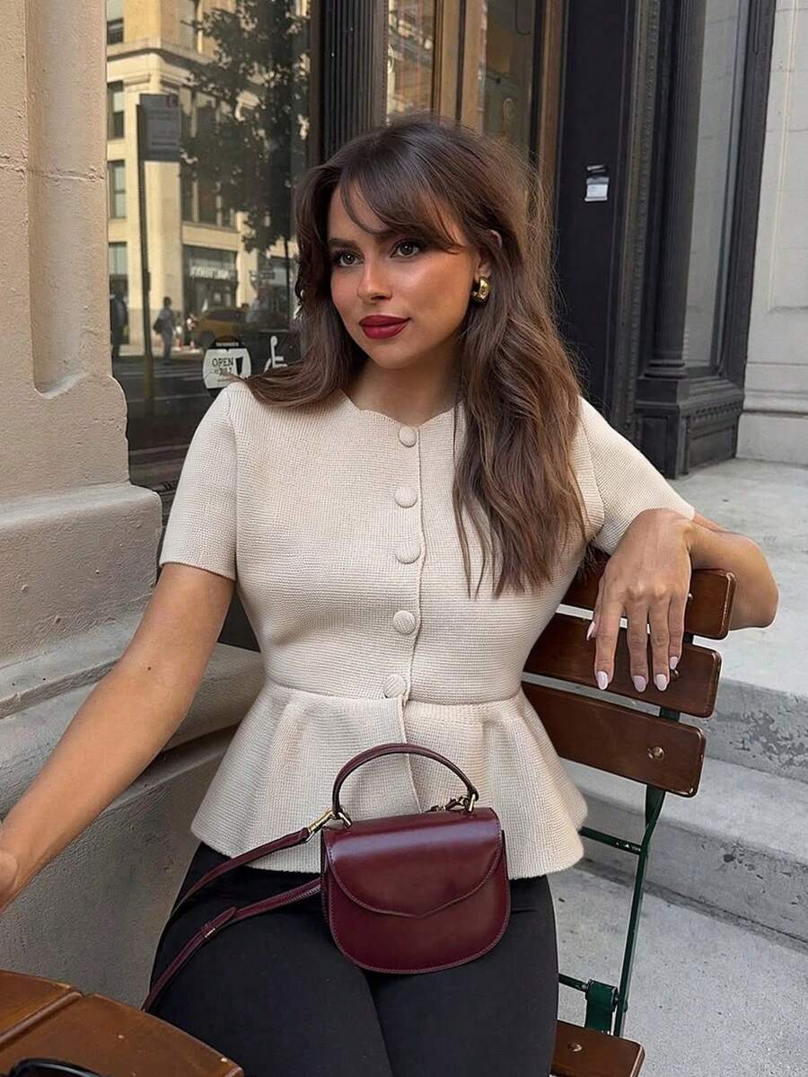 美丽之选 夏季女士优雅杏色短袖针织上衣，荷叶边下摆和手工纽扣，日常通勤修身开衫，优雅时尚休闲针织衫，女士夏季穿搭，派对上衣，假日装扮 - 杏色 - 查看 1