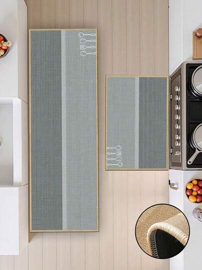 3.5毫米厚软橡胶亚麻厨房地垫，现代简约厨房餐厅地毯，吸水性强，易于清洁，亚麻表面，海绵中间层，橡胶底，适用于厨房、浴室、洗衣房等场所。