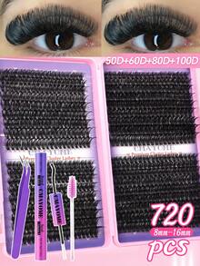 720PCS Super High-Volume DIY Clusters False Individual Lash Eyelashes Extensions Kit, D Curl 10D+20D+30D+40D/50D+60D+80D+100D Mixed Style Lashes Set With Lash Bond&Seal Lash Tweezers And Brush, 8-16mm Large-Capacity Cluster Fake Eyelashes, Suitable For Self Application At Home Daily Wear - Lilac Purple - View 13