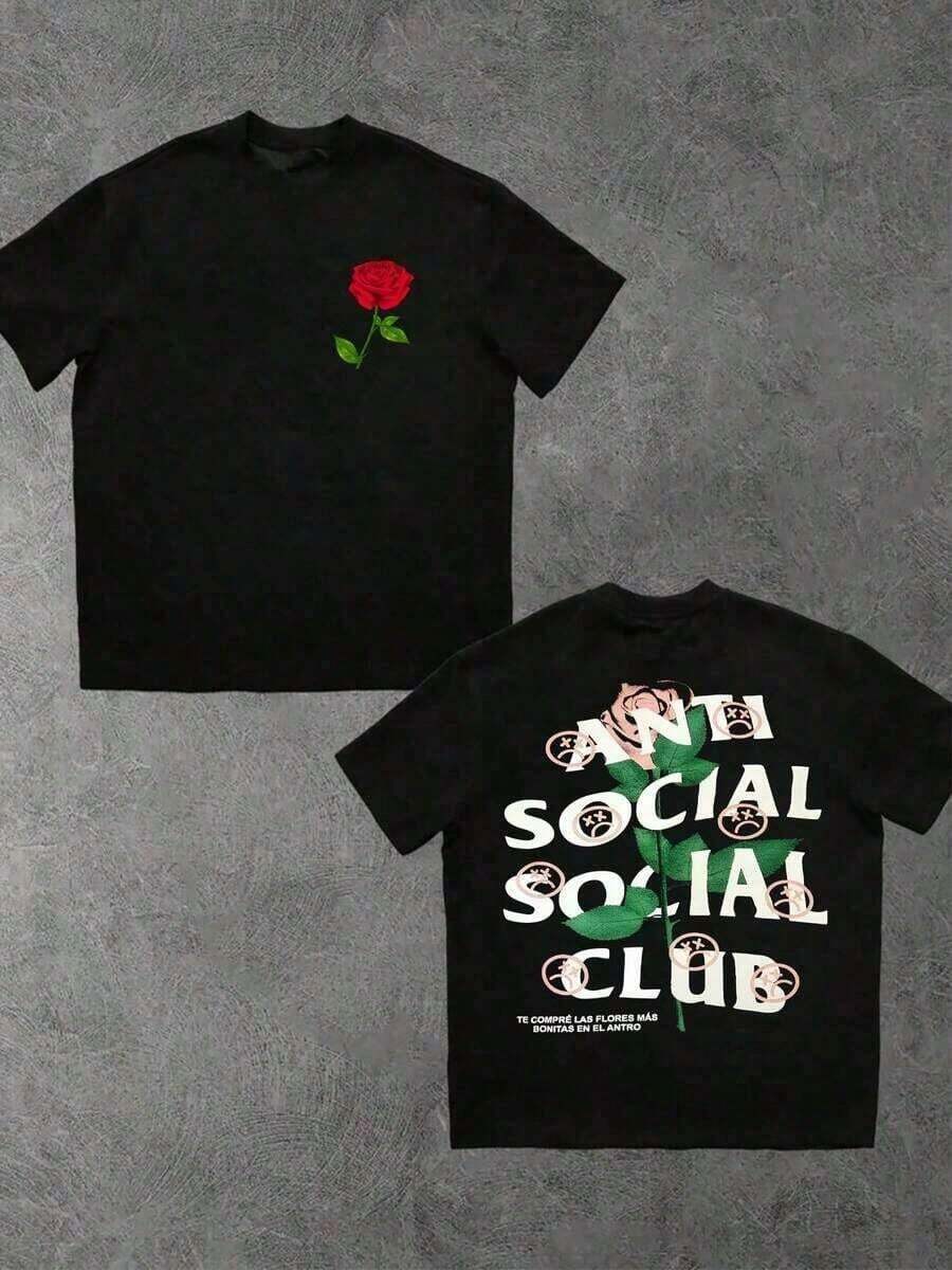 Single Red Rose Front Anti Social Club Back Digital  Graphic Double Sided Digital Printed 220g T Shirt Loose Fit Oversized Streetwear 1pcs Men's Short Sleeve 100% Cotton Tee Urban Aesthetic Floral Club Statement Vintage Fashion - 黑色 - 查看 1
