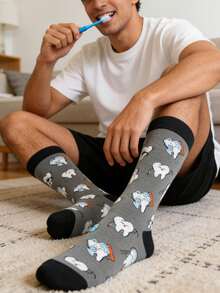 1 Pair Men's Funny Tooth Protection Patterned Mid-Calf Socks, Versatile For Sports, Outdoor, All Seasons, Lightweight For Spring/Summer - Multicolor - View 3
