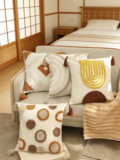1pc/4pcs Set Geometric Pattern Pillow Cover, Bohemian Style Tufted Tassel Decorative Cushion Cover For Sofa, Bedroom, Living Room, Office, Car, Outdoor, Holiday Party, 45*45cm (No Pillow Insert)