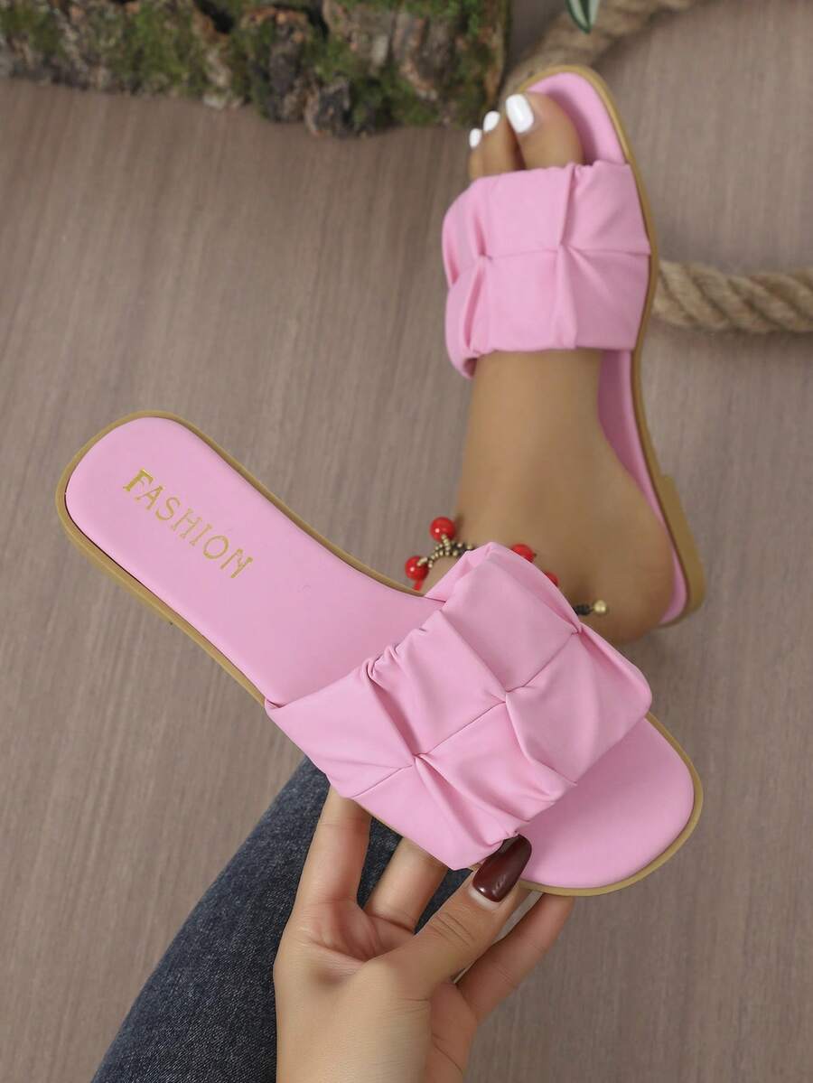 1 Pair Women's Summer Fashionable PU Pleated/Ruffle Edge Beach Sandals, Non-Slip Outdoor Slippers With Soft Soles And Open Toe, Casual Wear - Pink - View 1
