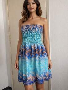 Short Strapless Printed Dress With Elastic For Summer And Festivals, 2026 . - 印度雙色 - 查看 3