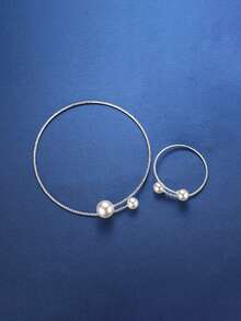 1 Set Pearl Necklace & Bracelet Jewelry Set, Suitable For Women's Evening Dress, Bridal Wedding Photography Accessories - Two-piece Set - View 2