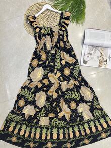 Long Dress With Print, Lined, With Built-In Bra Cups, Made Of Pretty, Fashionable Crepe Fabric. - Hitam/Khaki - View 3