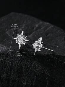 1 Pair Starburst, North Star Stud Earrings, Minimalist Chain Earrings, Unisex Edgy Punk Earrings, Versatile Accessory For Stylish Outfit - Silver - View 6