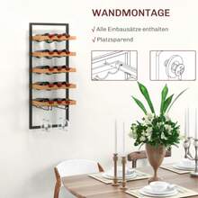 Wall-Mounted Wine Rack With 5 Shelves, Stackable Bottle Holder, Holds 15 Bottles And 4 Glasses, Made Of Pine And Steel, For Kitchen, Dining Room Or Bar, Brown - Black - View 5