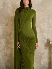 Women's New Fashion Elegant Slim Fit Ruched Ribbon Round Neck Long Sleeve Dress - 綠色(25326) - 查看 5