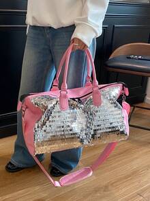 新款时尚旅行包，简约纯色设计，亮片装饰，适合短途旅行、健身等场合，设有独立鞋仓，容量大，用途广泛，优雅时尚。 - 粉色 - 查看 5