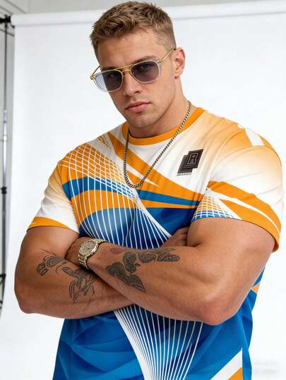 加大码男士世界杯足球T恤，渐变短袖运动T恤，适合球类运动，时尚休闲圆领T恤，适合运动、跑步、户外活动和夏季穿着。