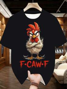 Plus Size "F*CAW*F" Angry Rooster Graphic T-Shirt, Black Background, American Street Style Funny Slogan Short Sleeve Top Summer Sports - Dark Grey - View 3