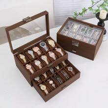 Nueva caja de almacenamiento y exhibición de relojes de madera de nogal, disponible en múltiples estilos: 3/5/6/10/12 ranuras, tapa de vidrio con ventana, caja de colección de relojes de gran capacidad, vitrina para el hogar u oficina, regalo ideal para ocasiones especiales - Marrón - Ver 9