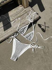Summer Vacation Swimwear Series, Black & White Striped Spaghetti Strap Triangle Bikini Set, Sexy Fitted Women's Swimsuit, Striped Tie-Up Bikini Set, Beach Vacation Fashionable Swimsuit Set - Black and White - View 7