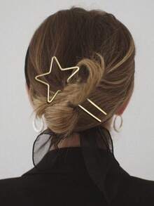 2pcs Minimalist Metal Hair Clips - Star, Heart, Lightning Bolt Shaped U-Pins | Women's Everyday & Party Hair Accessories, Bun Extension, Hair Styling Pins - Gold - View 1