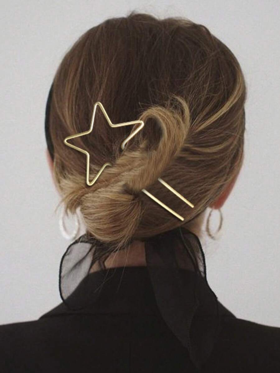 2pcs Minimalist Metal Hair Clips - Star, Heart, Lightning Bolt Shaped U-Pins | Women's Everyday & Party Hair Accessories, Bun Extension, Hair Styling Pins - Gold - View 1