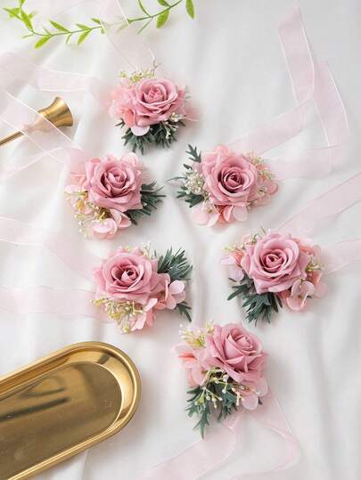 1 pieza/6 piezas Elegante Corsage de muñeca con rosa e hortensia, pulsera floral romántica adecuada para novia, dama de honor, madre de la novia, boda, compromiso, banquete, fiesta, graduación, aniversario