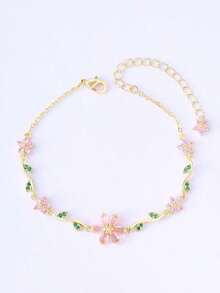 1 pieza Pulsera elegante con flores y circonita cúbica, accesorio de joyería de moda para mujer, ideal para uso diario y regalo del Día de San Valentín - Oro B - Ver 2
