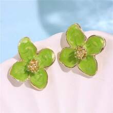 1 Pair Colorful Enamel Four-Petal Flower Stud Earrings For Women, Versatile & Sweet, Suitable For Daily Wear, Vacation, Gift - 綠色 - 查看 10