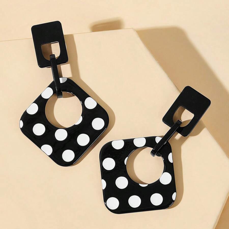 一对波点几何耳环，黑白波点耳环，亚克力菱形耳环，适合女性日常佩戴 - 彩色 - 查看 1