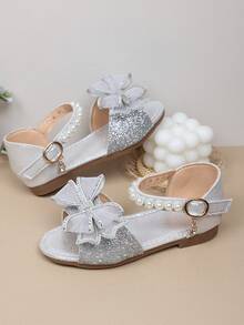A Pair Of 2026 New-Style Girls' Net-Silk Rhinestone Bow Pearl Anti-Slip Slip-On Mid-Heel Ankle Strap Sandals | Suitable For Sisters' Afternoon Tea Outings / School Club Presentations - Silver - View 4