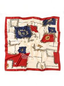 1 pieza Pañuelo cuadrado de 90cm con estampado, pañuelo de satén, pañuelo versátil para mujer, esencial de viaje, toalla de playa - Rojo - Ver 5