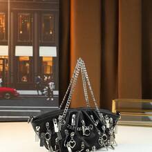 Fashion Punk Pleated Cloud Strap Zipper Chain Shoulder Crossbody Bag For Women - Black - View 1