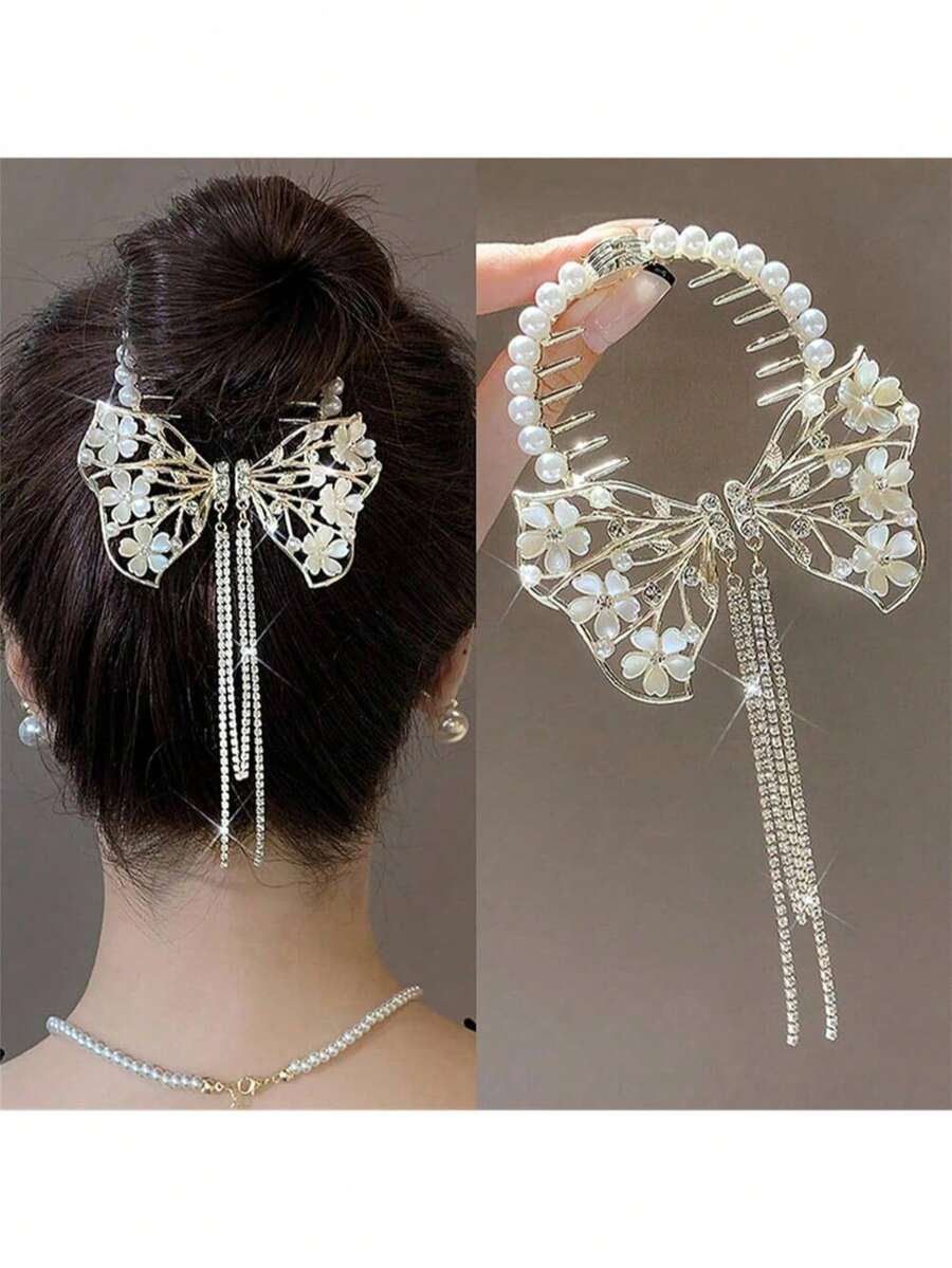 闪亮发夹，丸子头发饰，芭蕾舞丸子头发夹，带流苏和水钻装饰，适合女士和女孩，爪夹，发卡 - 蝴蝶款1 - 查看 1