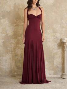 Women's New Halter Neck Strapless Backless Sexy Slim Fit Floor-Length Flared Elegant Dress - 酒紅色(25325) - 查看 3