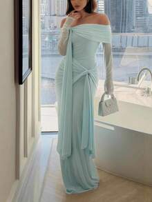 Women's New Slim Fit Slimming Niche Design Ribbon Off-Shoulder Long Dress - Light Blue (25374) - View 2