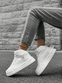 （尺码偏小）女士复古卡其色系带高帮滑板鞋，简约百搭户外徒步大码运动鞋 - 白色 - 查看 7