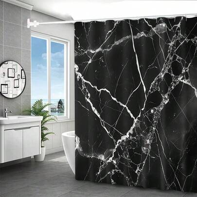 防水黑白大理石纹印花浴帘，带挂钩 - 可机洗涤纶浴室装饰，独立式，数码印花