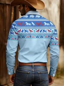 Áo sơ mi nam họa tiết hình học, kiểu dáng phương Tây, tay dài, phong cách retro, cổ áo in 3D, màu xanh dương, thích hợp cho mùa xuân/thu. - Màu xanh nhạt - Xem 2