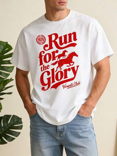 男士夏季奔马字母印花休闲短袖T恤，适合日常穿着、度假，男女皆宜