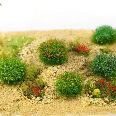 4件套沙盒仿真花簇模型套装，微型灌木丛，适用于火车铁路模型、建筑场景静态景观材料、DIY仙境花园微景观装饰配件、植物花卉户外军事场景模型杂草（随机款式和颜色）