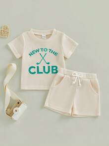 Conjunto de verano para bebé pequeño, camiseta de manga corta con cuello redondo bordado y pantalones cortos con temática de golf, 2 piezas - Albaricoque - Ver 6