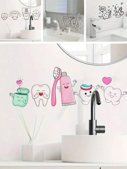 BRUP 1pc Dental Health Wall Stickers With Cute Tooth Characters, Toothbrush And Floss Designs, Removable Peel And Stick Decals For Bathroom Lavatory Decor, Oral Care Theme Art
