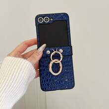 Crocodile Pattern Crocodile Leather Texture Rhinestone Double Ring Folding Phone Case For Samsung Z Flip3/4/5/6/7, Luxury Protective Cover - Blue - View 1