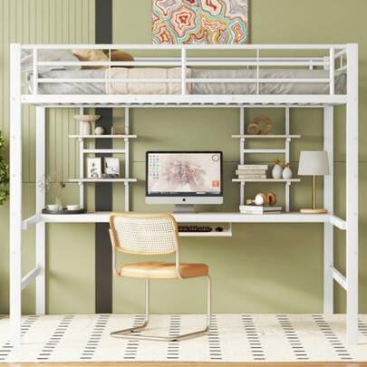 (=WX000127AAK) Hochbett, 140*200 Cm, Bettgestell Metallbett, Eisenbett, Hochbett Mit Schreibtisch Und Zwei Bücherregalen Für Kinder, Jugendliche Und Erwachsene, Weiß