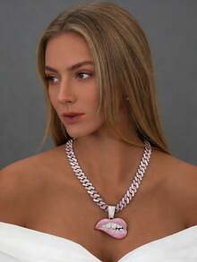 粉色镶钻链项链 - 闪亮唇形吊坠水钻项链，适合嘻哈派对和街头服饰 - 嘴唇吊墜項鍊 - 查看 4
