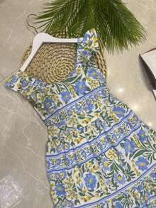 Long Dress With Print, Lined, With Built-In Bra Cups, Made Of Pretty, Fashionable Crepe Fabric. - Biru muda/kuning - View 5
