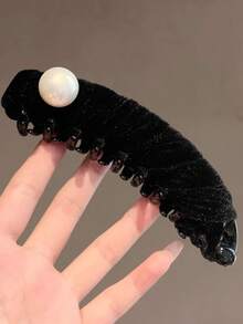 黑色天鹅绒珍珠香蕉夹，复古优雅百搭高端竖款发夹，奢华发饰 - 黑與白 - 查看 7